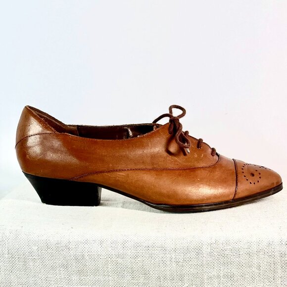Vintage Y2K Revival Tan Leather Lace-up Pointed Toe Oxford -Women's Size 8M - Picture 7 of 16